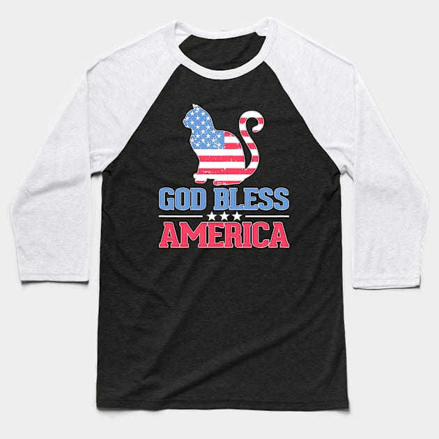 4th Of July God Bless America Cat American Flag Baseball T-Shirt by Jannysingle